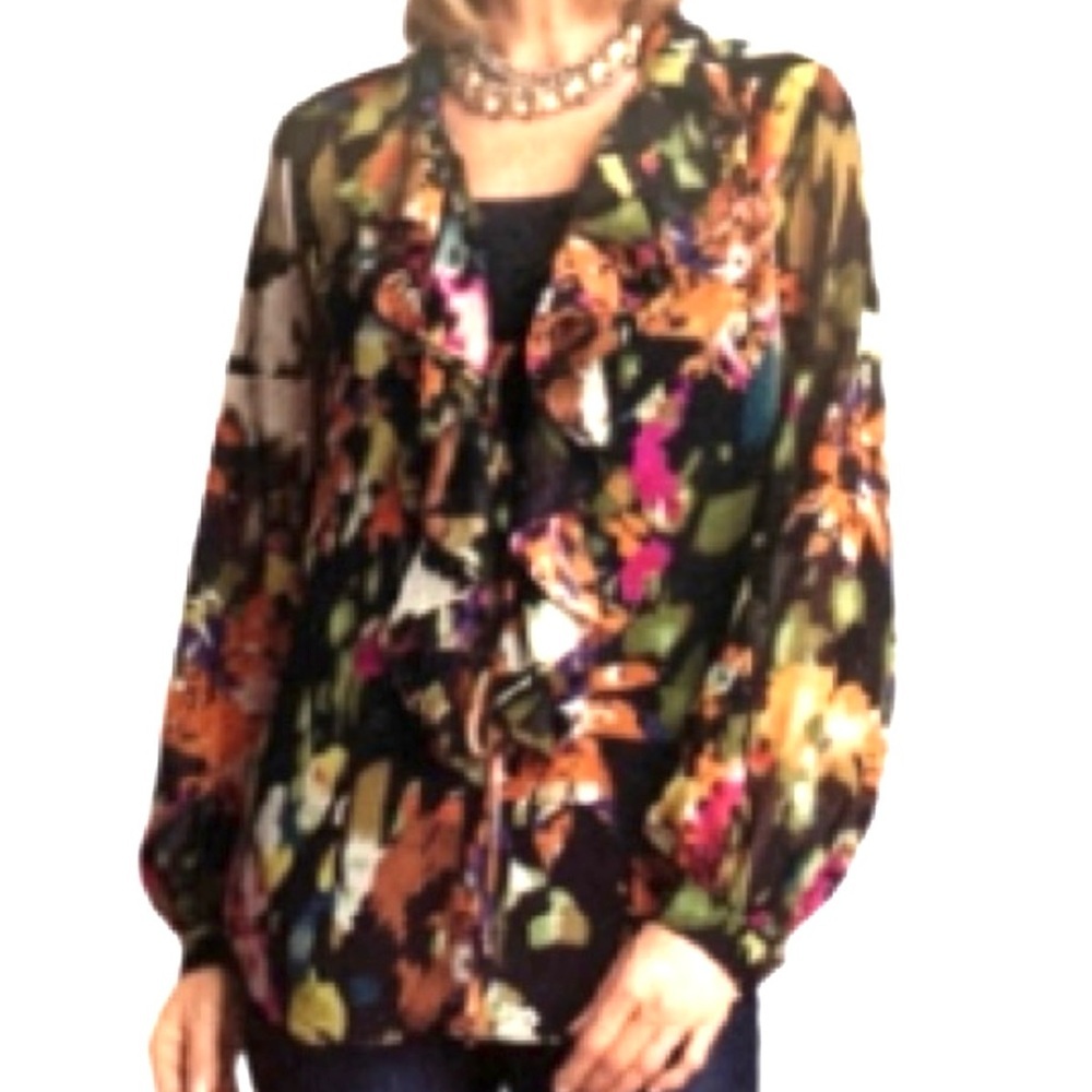Cabi Top multicolor black floral cascade ruffle tie-front semi-sheer blouse - Picture 3 of 9